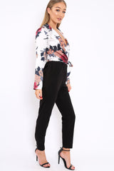 White Floral Plunge Satin Wrap Front Jumpsuit - Talulah-Jumpsuits