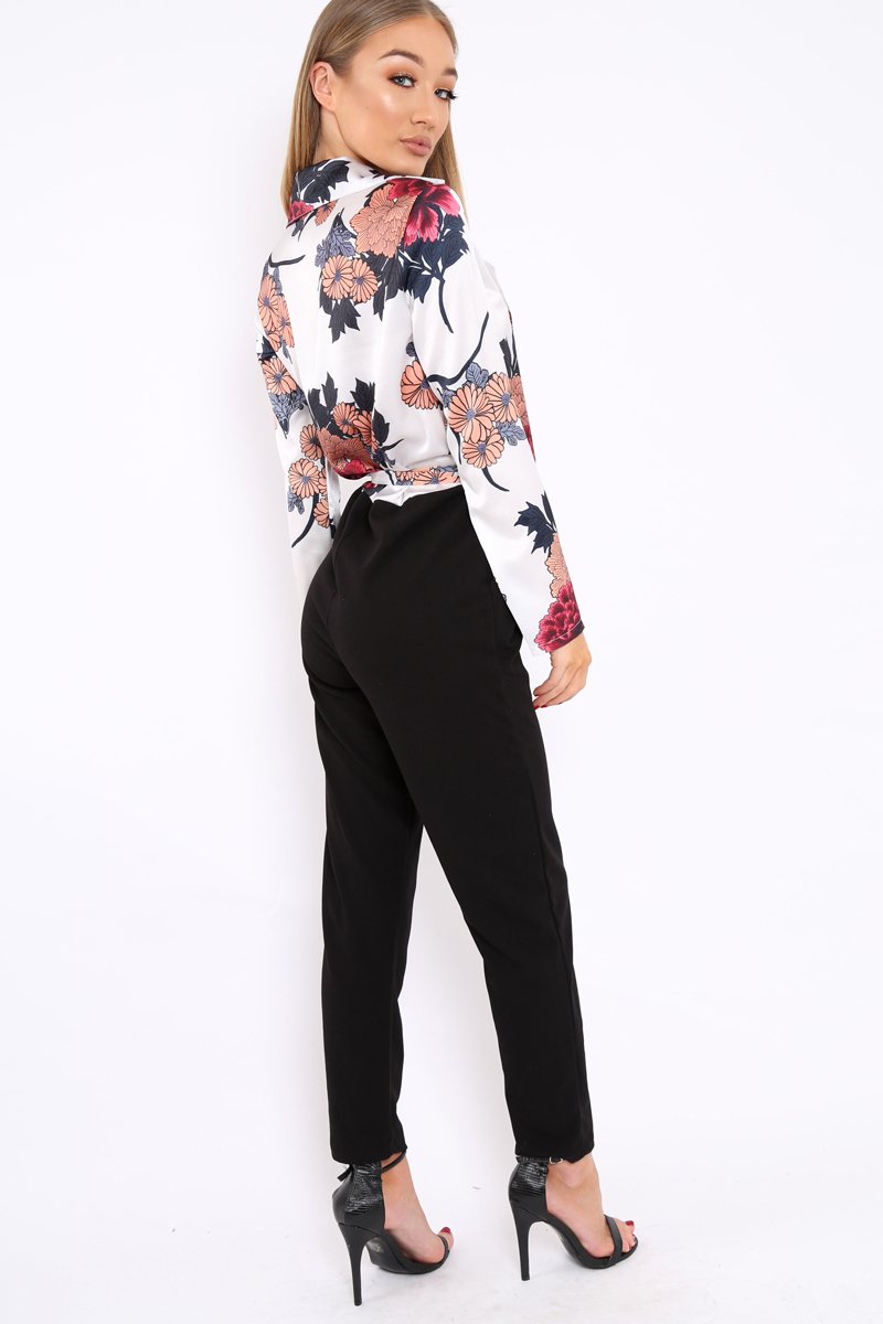 White Floral Plunge Satin Wrap Front Jumpsuit - Talulah-Jumpsuits