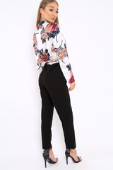 White Floral Plunge Satin Wrap Front Jumpsuit - Talulah-Jumpsuits