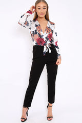 White Floral Plunge Satin Wrap Front Jumpsuit - Talulah-Jumpsuits