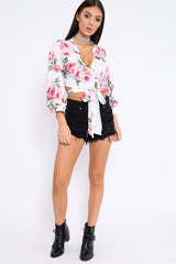 White Floral Plunge Wrap Tie Top - Emila-Tops