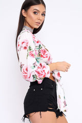 White Floral Plunge Wrap Tie Top - Emila-Tops