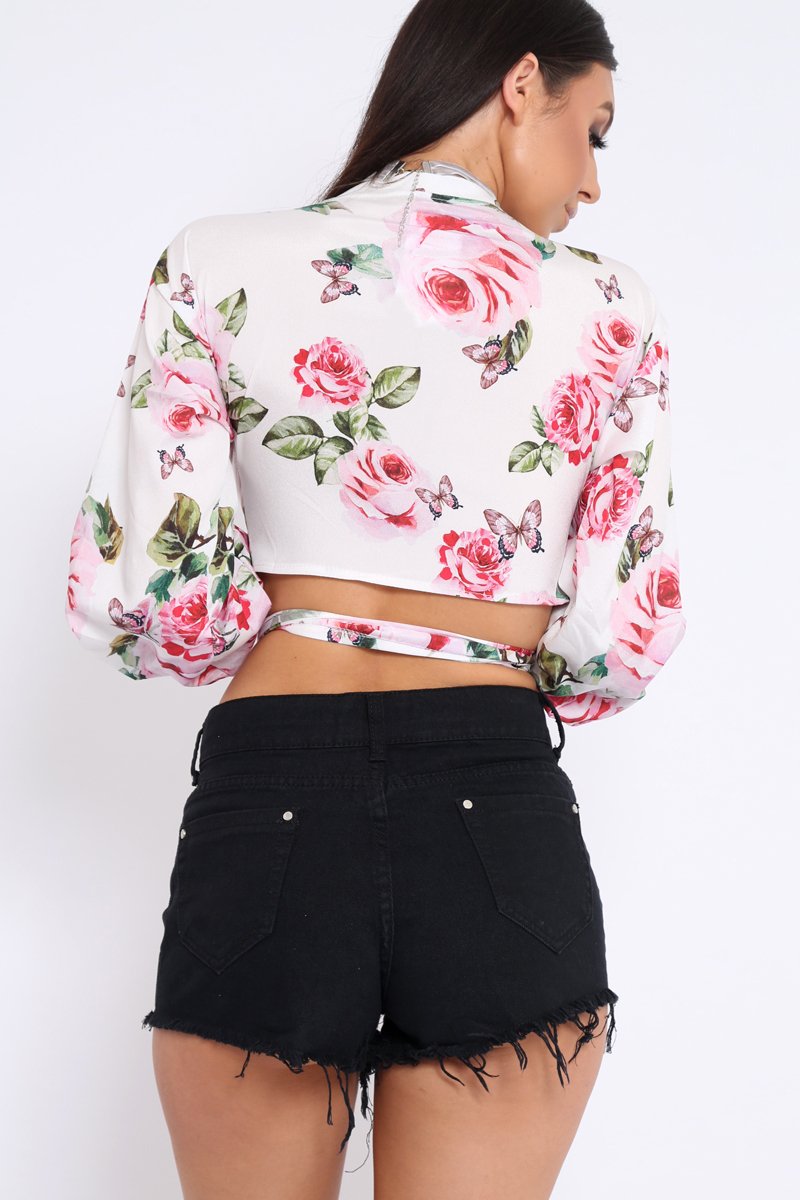 White Floral Plunge Wrap Tie Top - Emila-Tops