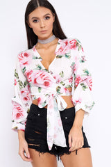 White Floral Plunge Wrap Tie Top - Emila-Tops