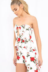 White Floral Print Bandeau Frill Detail Crop Top - Brandi-Crop Tops