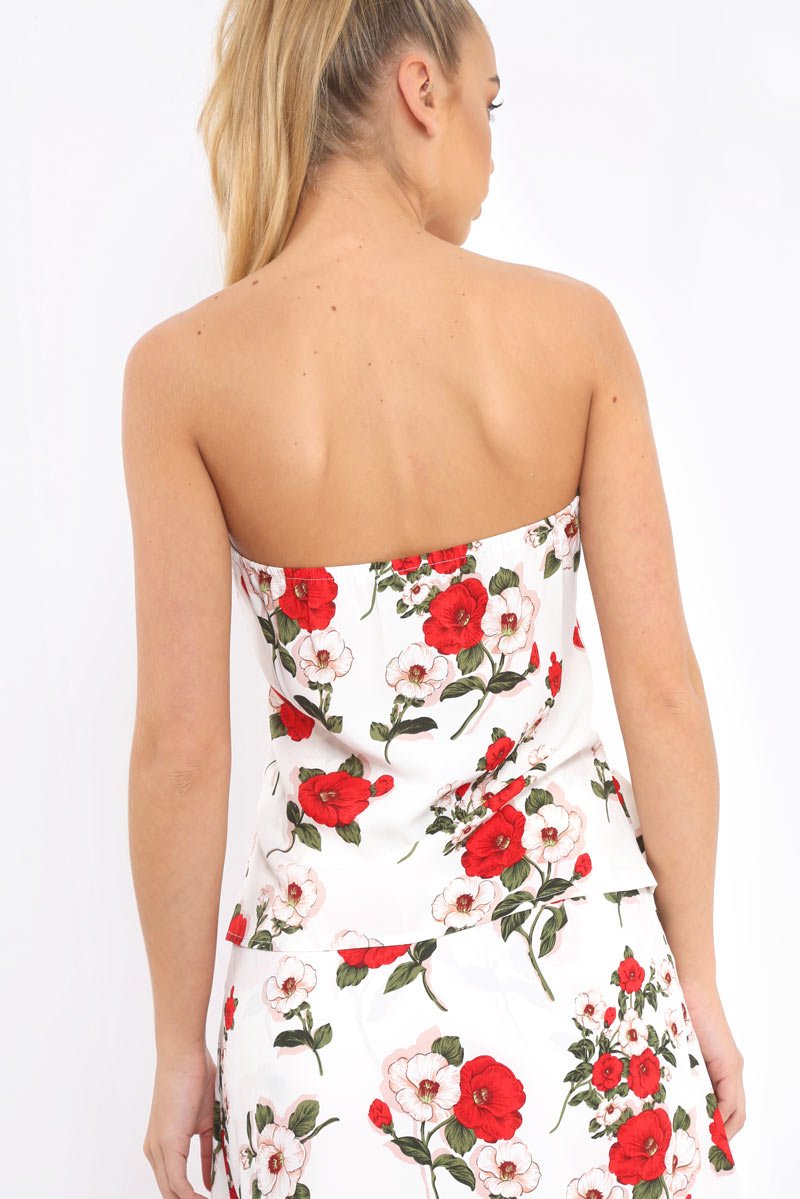 White Floral Print Bandeau Frill Detail Crop Top - Brandi-Crop Tops