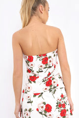 White Floral Print Bandeau Frill Detail Crop Top - Brandi-Crop Tops