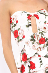 White Floral Print Bandeau Frill Detail Crop Top - Brandi-Crop Tops