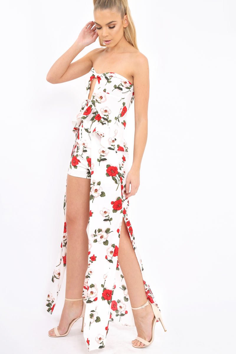 White Floral Print Bandeau Frill Detail Crop Top - Brandi-Crop Tops