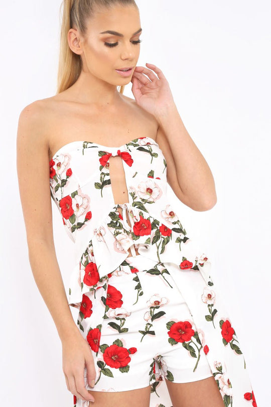 White Floral Print Bandeau Frill Detail Crop Top - Brandi