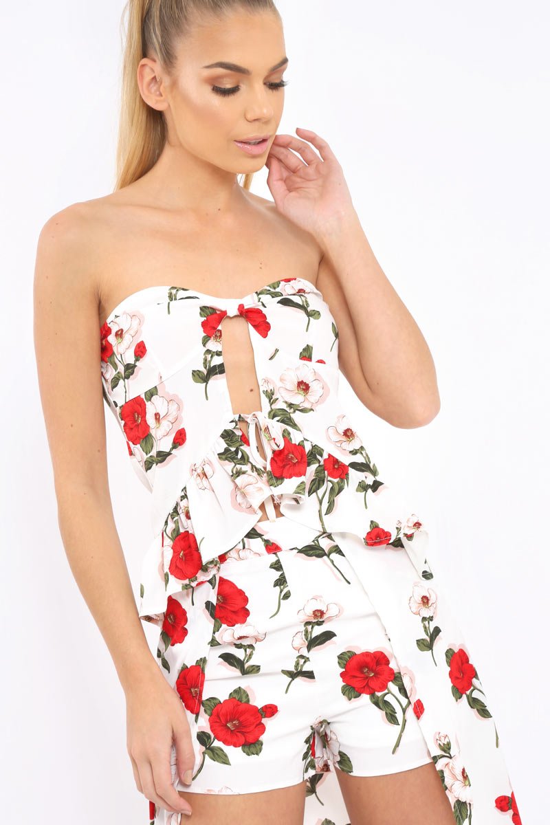 White Floral Print Bandeau Frill Detail Crop Top - Brandi-Crop Tops