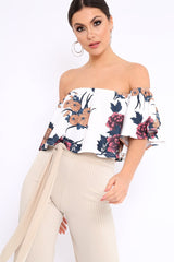 White Floral Print Bardot Crop Top - Jeorgia-Crop Tops