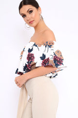White Floral Print Bardot Crop Top - Jeorgia-Crop Tops