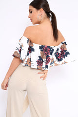 White Floral Print Bardot Crop Top - Jeorgia-Crop Tops