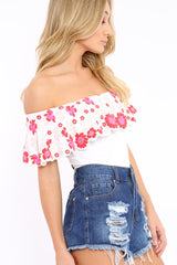 White Floral Print Bardot Frill Bodysuit - Klaudia-Bodysuits