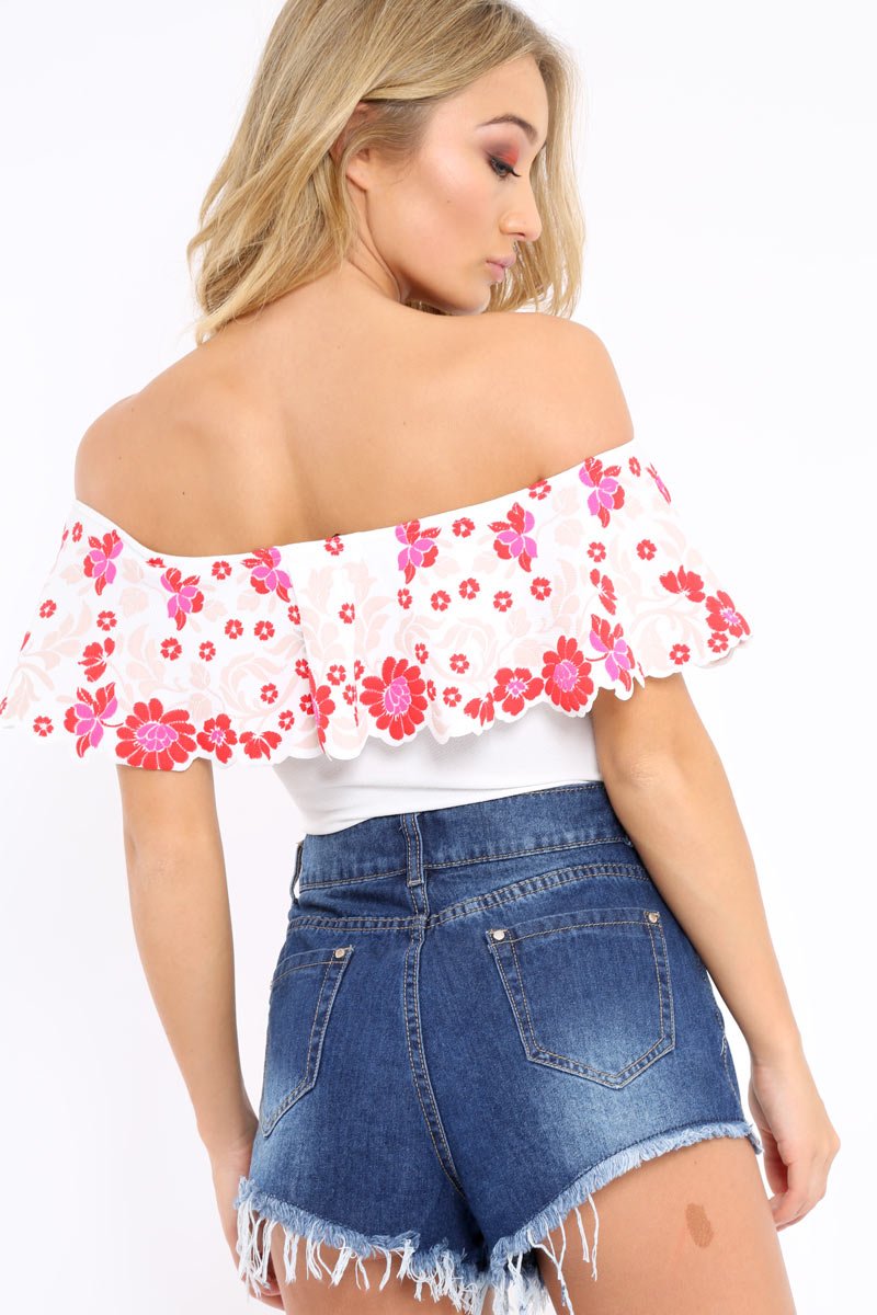 White Floral Print Bardot Frill Bodysuit - Klaudia-Bodysuits