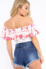 White Floral Print Bardot Frill Bodysuit - Klaudia-Bodysuits