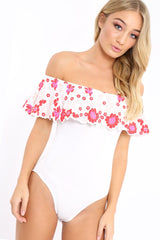 White Floral Print Bardot Frill Bodysuit - Klaudia-Bodysuits
