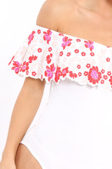White Floral Print Bardot Frill Bodysuit - Klaudia-Bodysuits