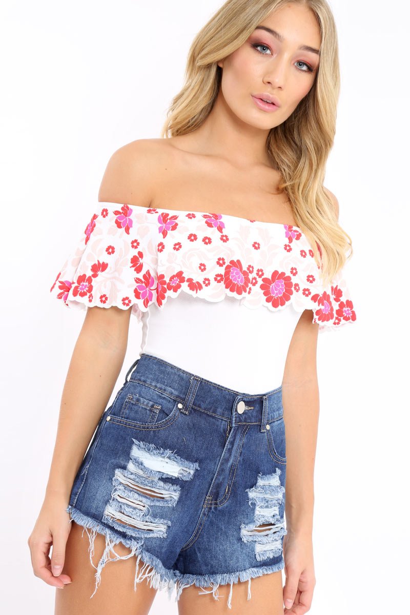White Floral Print Bardot Frill Bodysuit - Klaudia-Bodysuits
