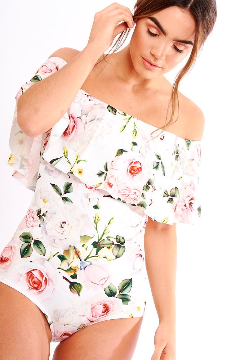White Floral Print Bardot Frill Bodysuit - Mylene-Bodysuits
