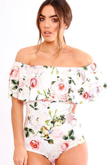 White Floral Print Bardot Frill Bodysuit - Mylene-Bodysuits