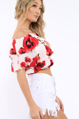 White Floral Print Bardot Frill Crop Top - Caris-Crop Tops