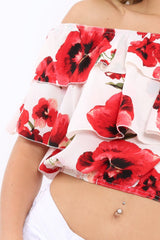 White Floral Print Bardot Frill Crop Top - Caris-Crop Tops