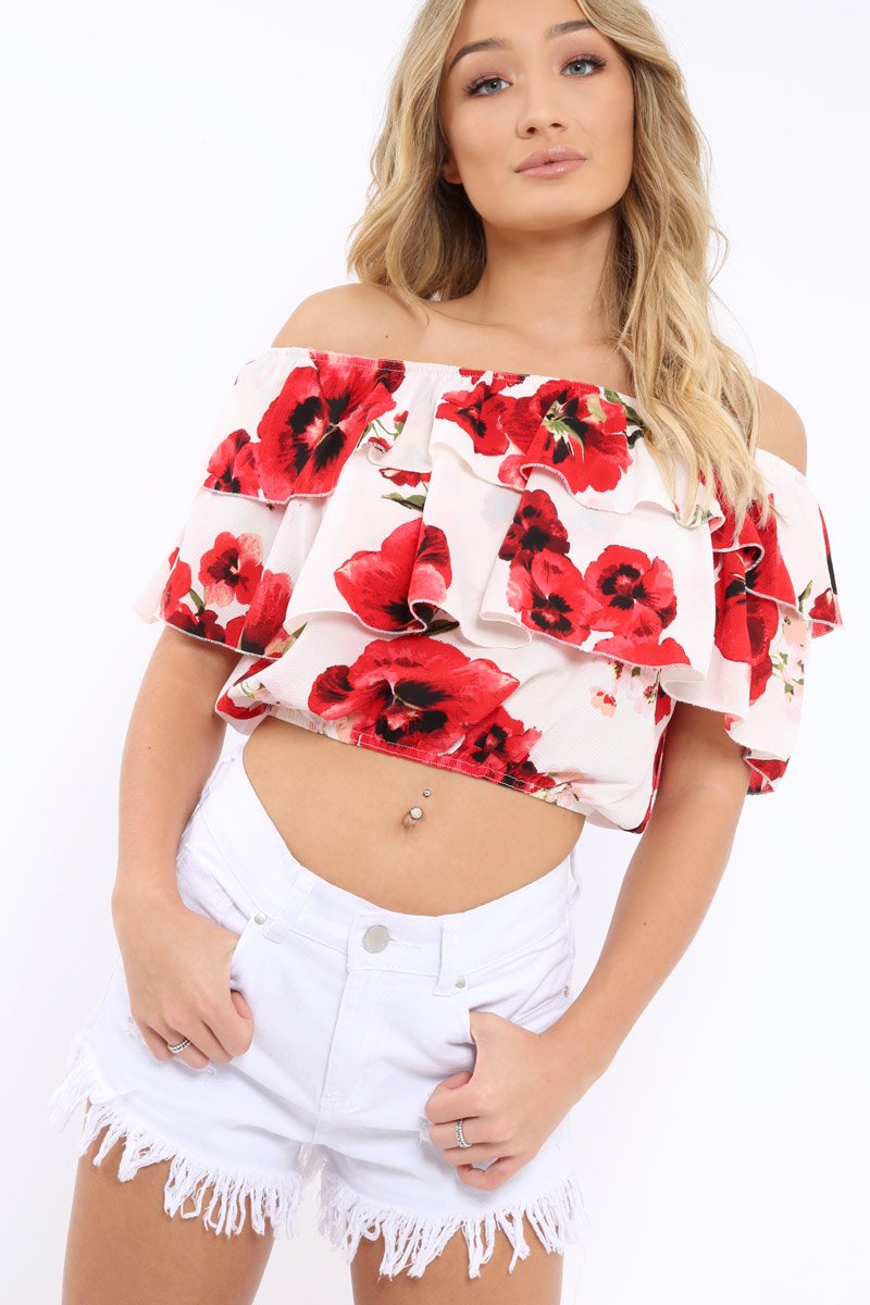 White Floral Print Bardot Frill Crop Top - Caris-Crop Tops