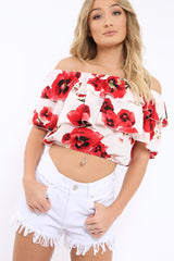 White Floral Print Bardot Frill Crop Top - Caris-Crop Tops