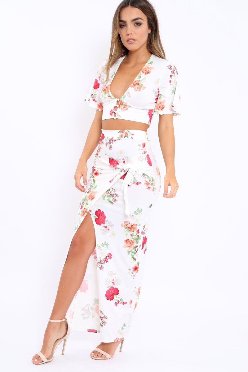 White Floral Print Co-ord Set - Shayna-Co-ords