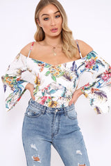 White Floral Print Cold Shoulder Bodysuit - Abiela-Bodysuits