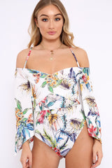 White Floral Print Cold Shoulder Bodysuit - Abiela-Bodysuits