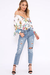 White Floral Print Cold Shoulder Bodysuit - Abiela-Bodysuits
