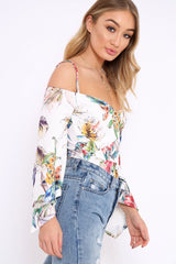 White Floral Print Cold Shoulder Bodysuit - Abiela-Bodysuits