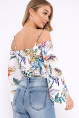 White Floral Print Cold Shoulder Bodysuit - Abiela-Bodysuits