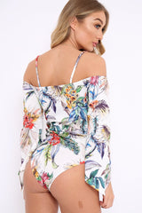 White Floral Print Cold Shoulder Bodysuit - Abiela-Bodysuits