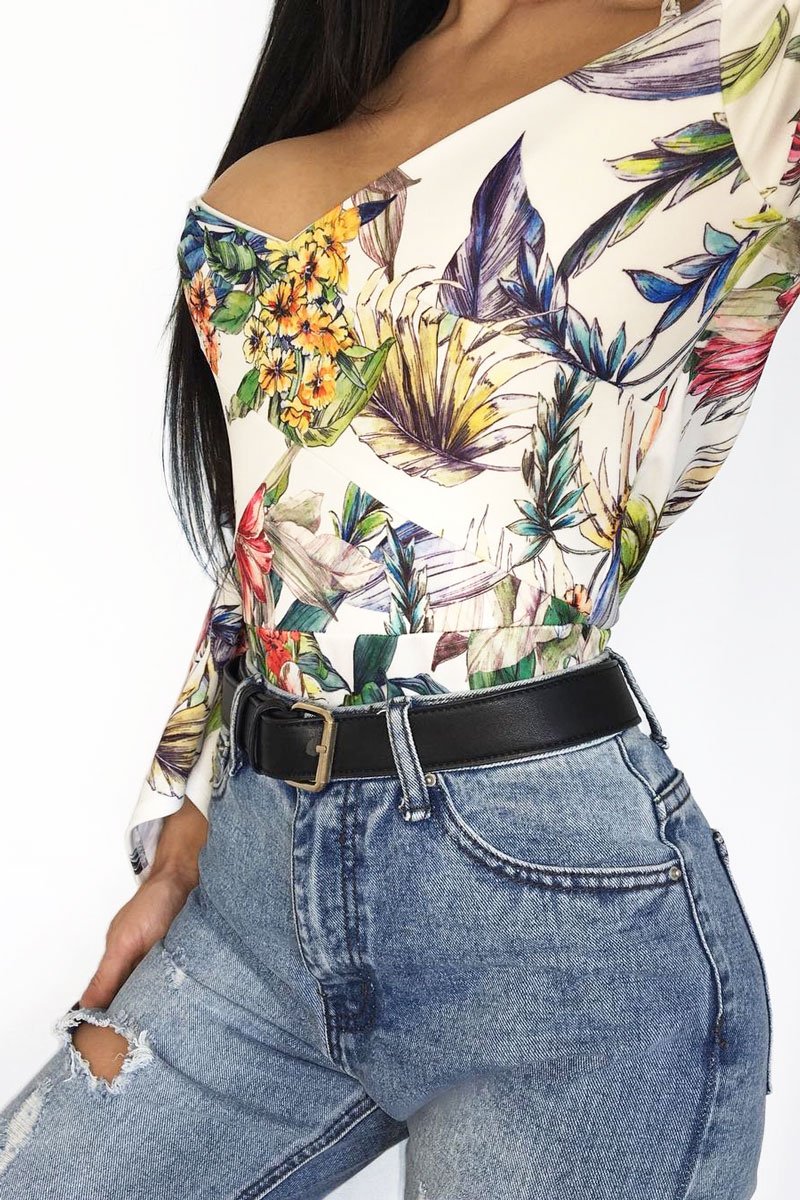 White Floral Print Cold Shoulder Bodysuit - Abiela-Bodysuits