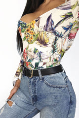 White Floral Print Cold Shoulder Bodysuit - Abiela-Bodysuits