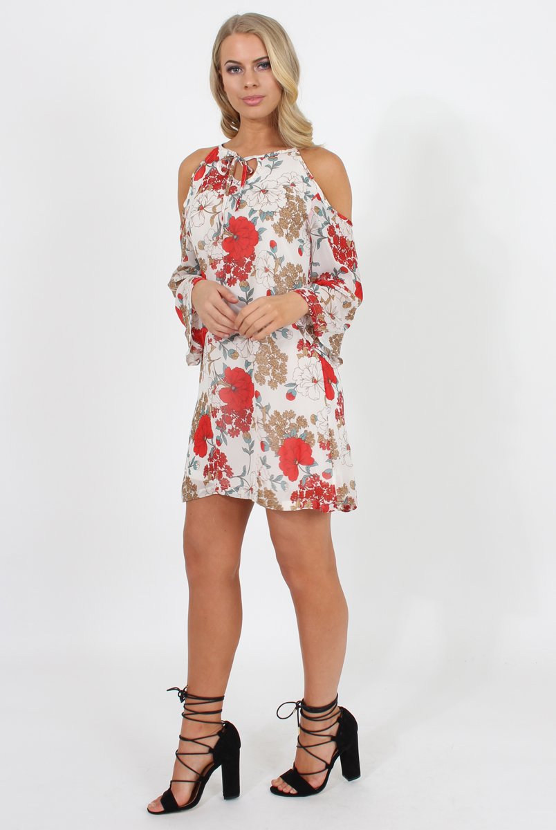 White Floral Print Cold Shoulder Dress - Penelope-Dresses