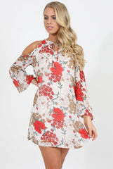 White Floral Print Cold Shoulder Dress - Penelope-Dresses