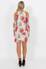 White Floral Print Cold Shoulder Dress - Penelope-Dresses