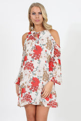 White Floral Print Cold Shoulder Dress - Penelope-Dresses