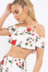 White Floral Print Cold Shoulder Frill Crop Top - Mandi-Tops