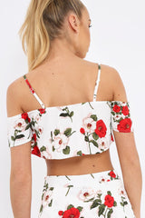White Floral Print Cold Shoulder Frill Crop Top - Mandi-Tops