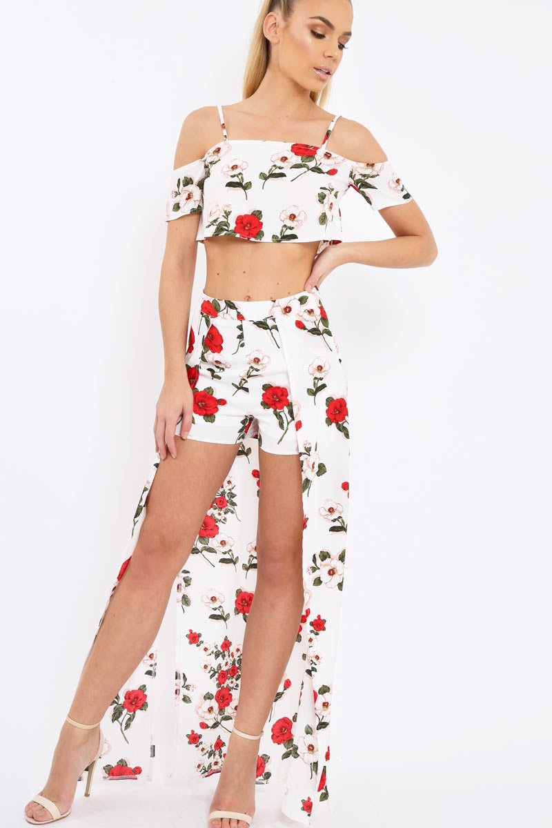 White Floral Print Cold Shoulder Frill Crop Top - Mandi-Tops