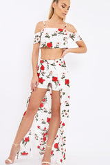 White Floral Print Cold Shoulder Frill Crop Top - Mandi-Tops