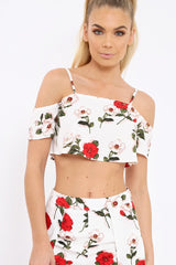 White Floral Print Cold Shoulder Frill Crop Top - Mandi-Tops