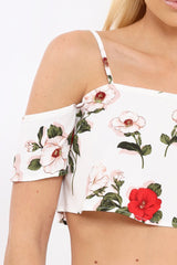 White Floral Print Cold Shoulder Frill Crop Top - Mandi-Tops