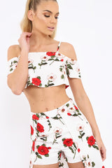 White Floral Print Cold Shoulder Frill Crop Top - Mandi-Tops